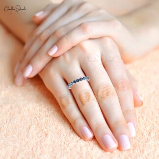 Stacking Gemstone Ring In 14k Pure White Gold Blue Sapphire Full Eternity Band Rings