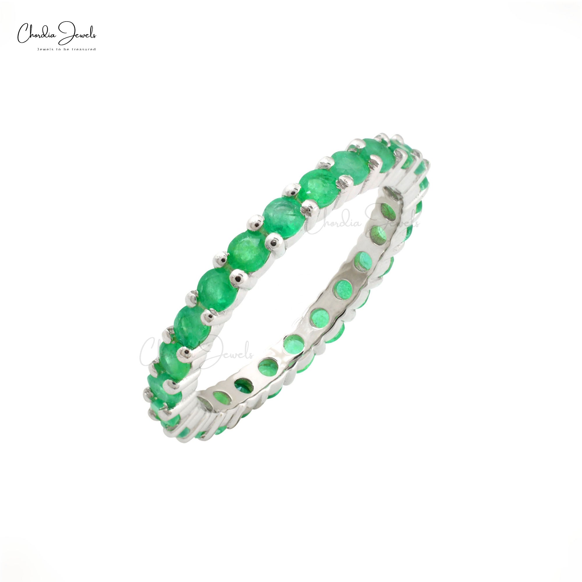 Natural Emerald Full Eternity Ring In 14k Real White Gold Dainty Stacking Rings Size US6.5