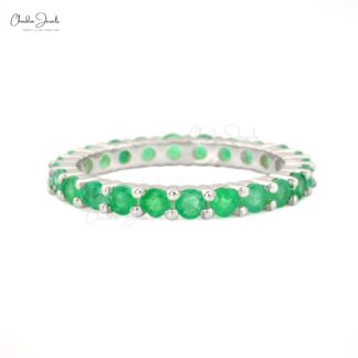 Brilliant Cut Dainty Band With 2.5mm Emerald Gemstone Eternity Ring In 14k White Gold