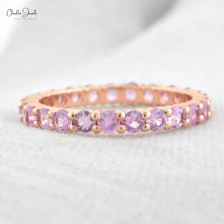 Gemstone Eternity Band With 2.5mm Pink Sapphire Stackable Wedding Ring In 14k Rose Gold
