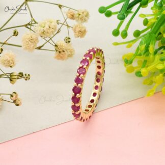 Pure 14k Yellow Gold Stackable Band With 2.5mm Ruby July Birthstone Eternity Rings