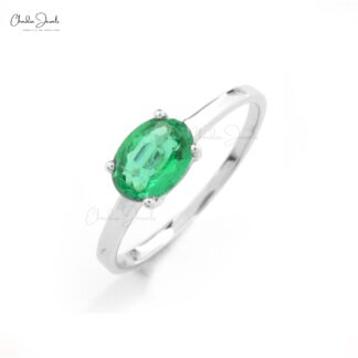Solitaire Engagement Ring In Pure 14k White Gold Zambian Emerald 6x4mm Gemstone Rings