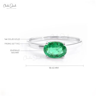 Solitaire Engagement Ring In Pure 14k White Gold Zambian Emerald 6x4mm Gemstone Rings