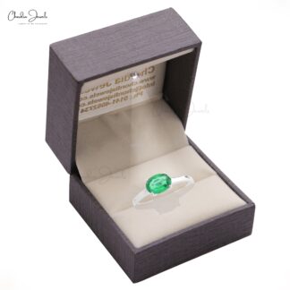 Solitaire Engagement Ring In Pure 14k White Gold Zambian Emerald 6x4mm Gemstone Rings