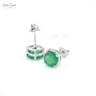 Single Gemstone Studs With 2.10 Ct Zambian Emerald Solitaire Earrings In 14k White Gold