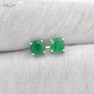 Single Gemstone Studs With 2.10 Ct Zambian Emerald Solitaire Earrings In 14k White Gold