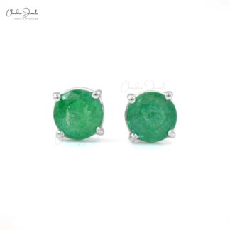 Single Gemstone Studs With 2.10 Ct Zambian Emerald Solitaire Earrings In 14k White Gold