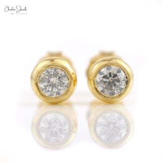 Solitaire Bezel Set Earrings In Pure 14k Yellow Gold G-H Diamond Minimalist Studs