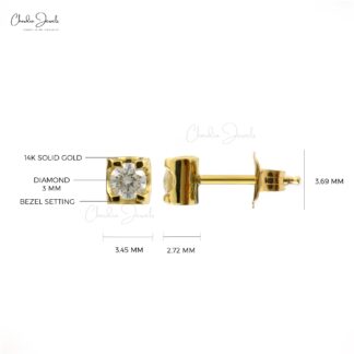 Round Solitaire Stud With 3mm White Diamond Prong Set In 14k Yellow Gold Earrings