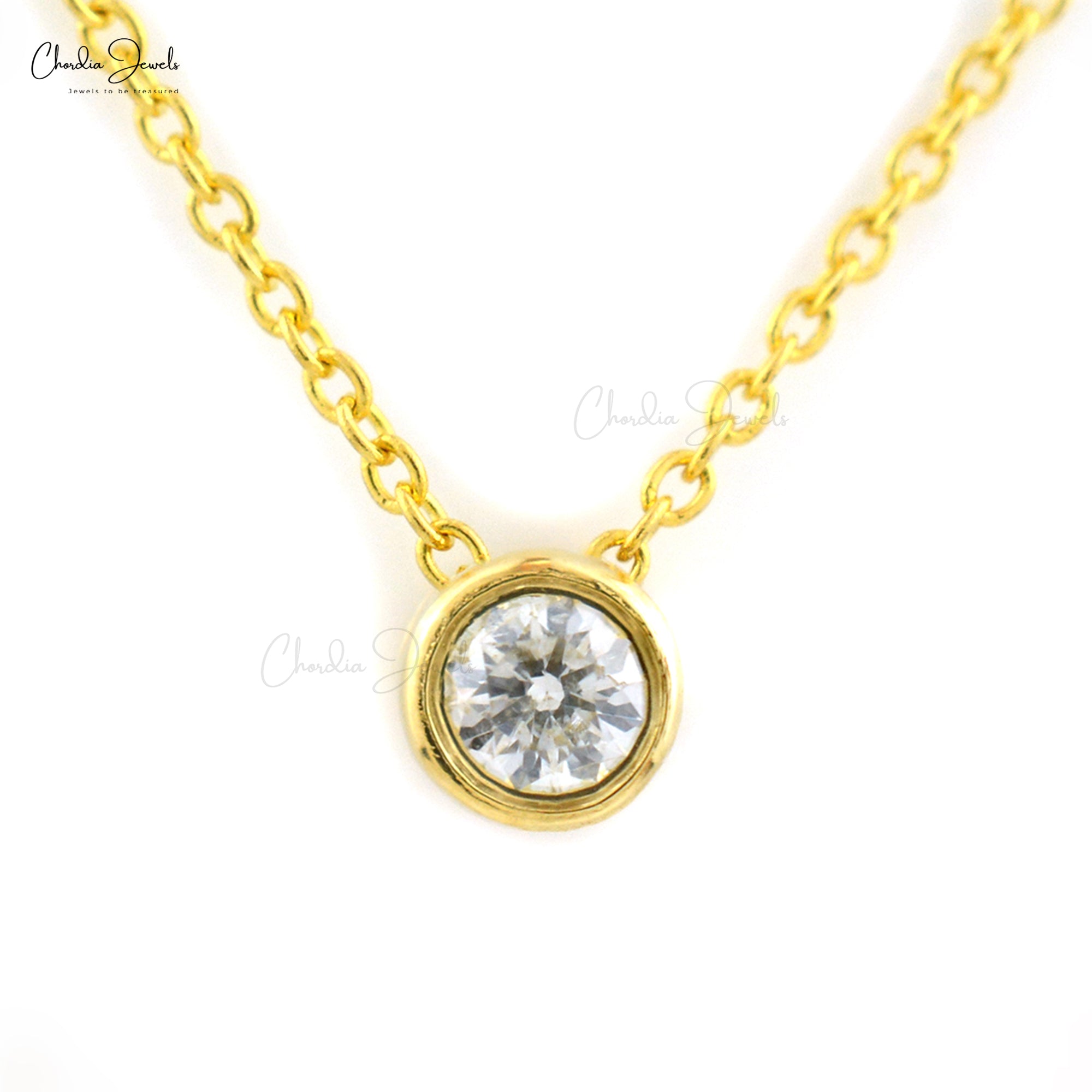 Bezel Set Round Charm With 3mm White Diamond Solitaire Chain Necklace In 14k Yellow Gold
