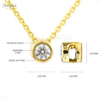 Bezel Set Round Charm With 3mm White Diamond Solitaire Chain Necklace In 14k Yellow Gold