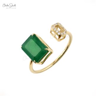 Pure 14k Yellow Gold Open Cuff Ring in 9x7mm Emerald Gemstone And Diamond Bridal Ring