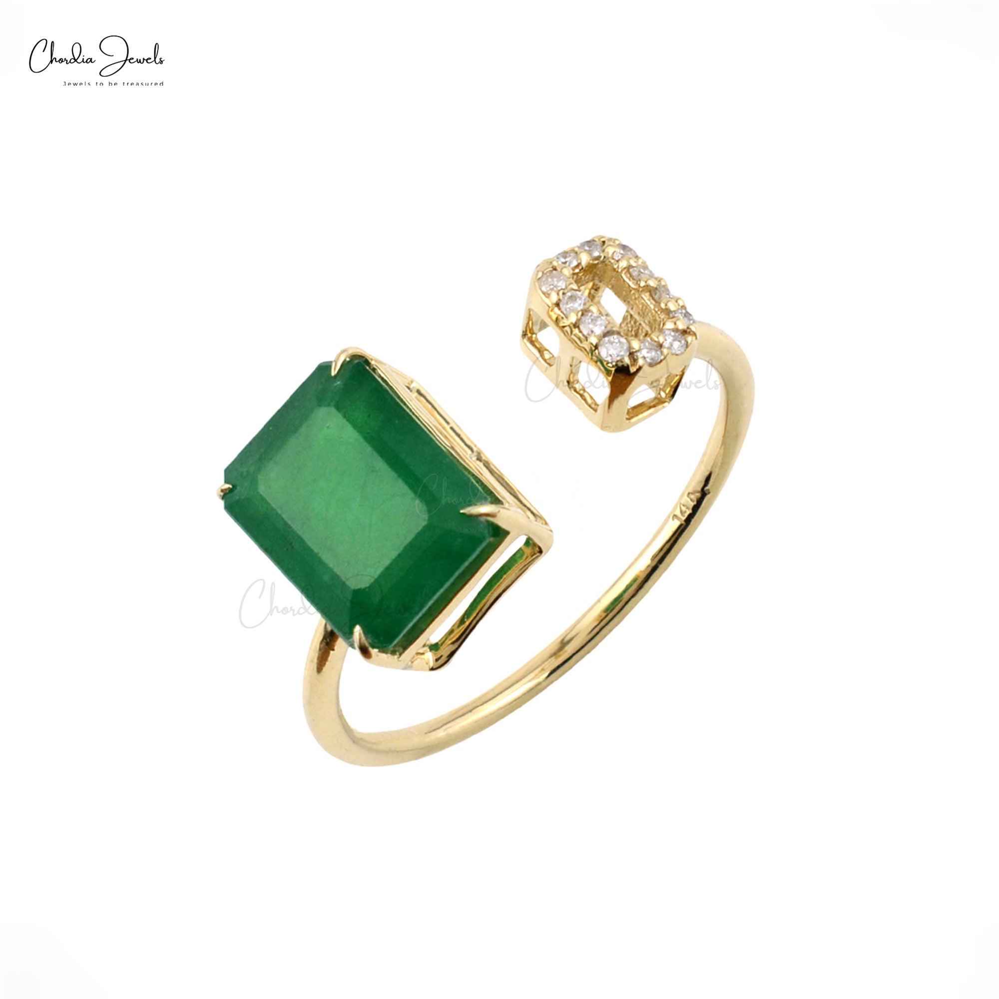 Pure 14k Yellow Gold Open Cuff Ring in 9x7mm Emerald Gemstone And Diamond Bridal Ring