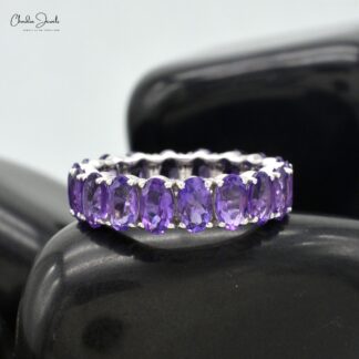 Real 14k White Gold Full Eternity Ring With 4.4 Ct Amethyst Gemstone Stack Band Rings