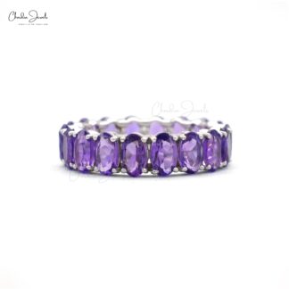 Real 14k White Gold Full Eternity Ring With 4.4 Ct Amethyst Gemstone Stack Band Rings