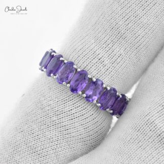 Real 14k White Gold Full Eternity Ring With 4.4 Ct Amethyst Gemstone Stack Band Rings