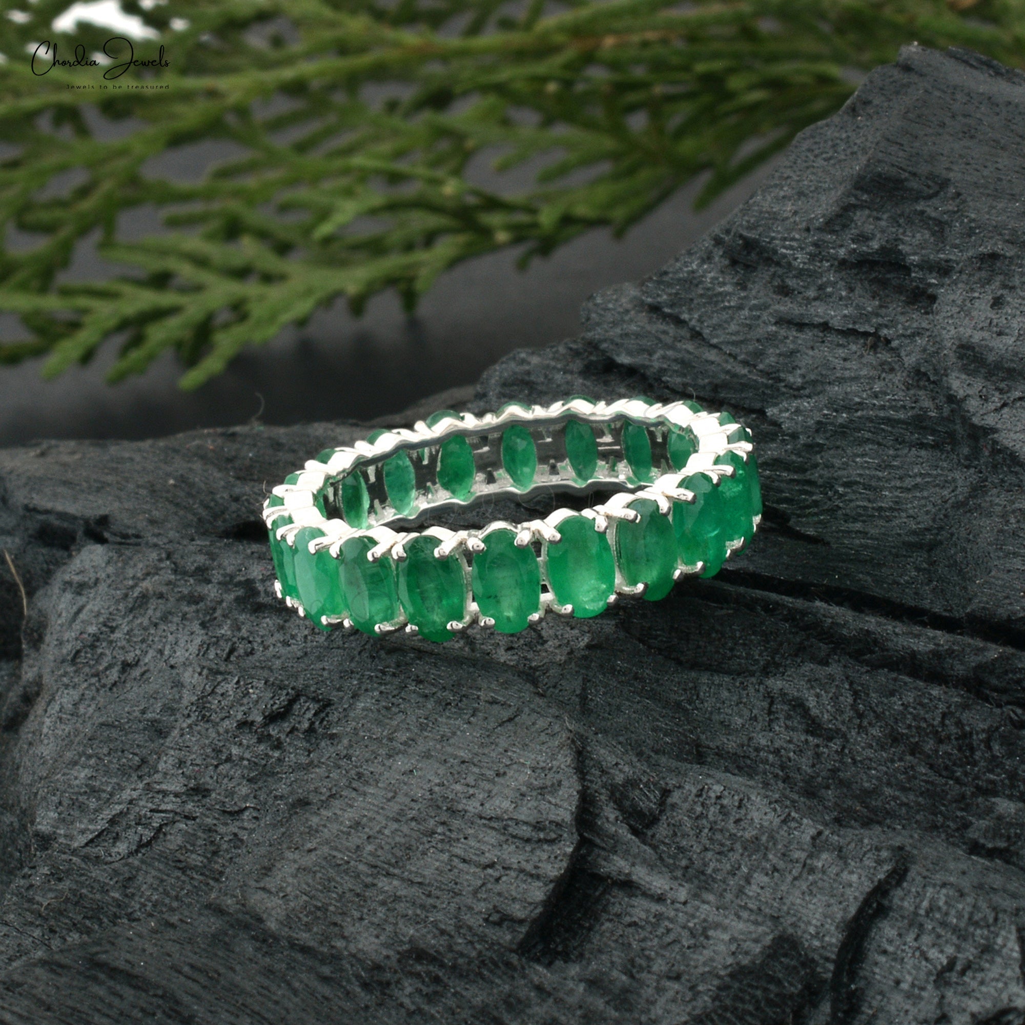 Eternity Gemstone Band in Real 14k White Gold With 4.20Ct Green Emerald Wedding Ring