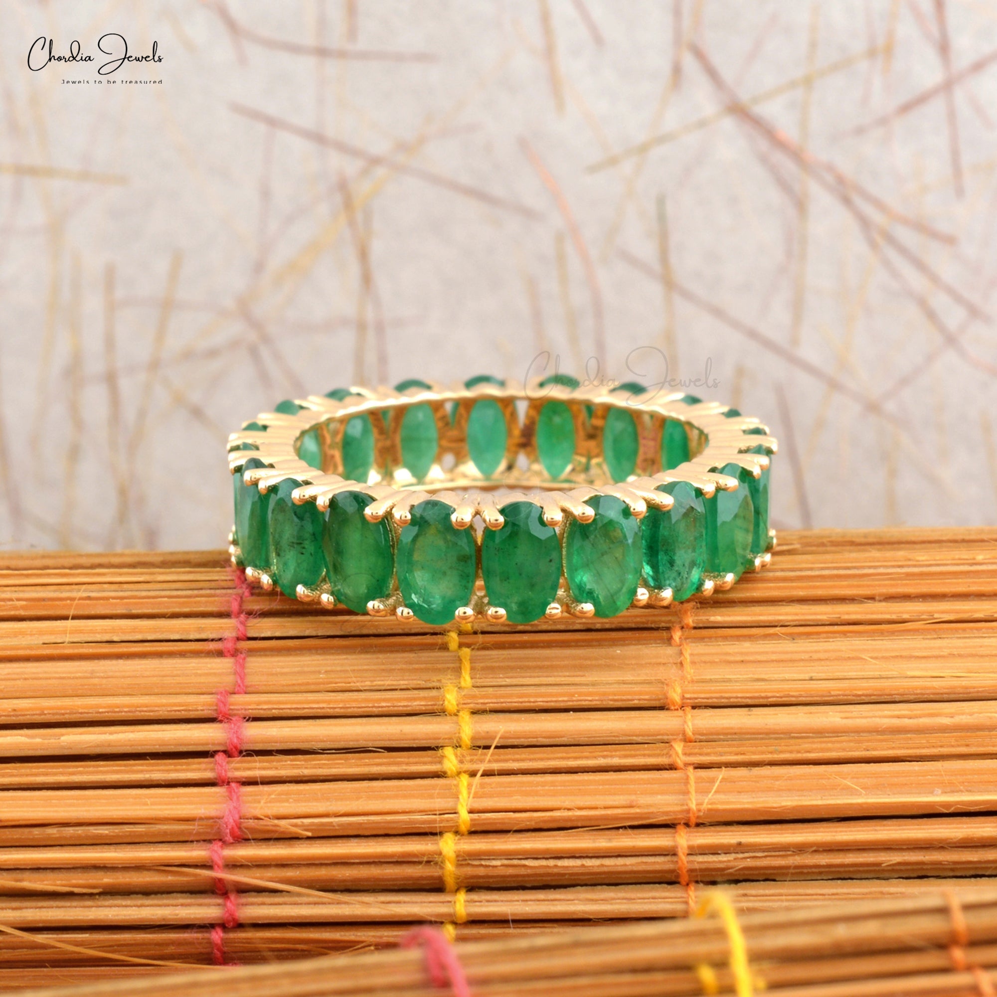 Natural Emerald Gemstone Eternity Band In 14k Solid Yellow Gold
