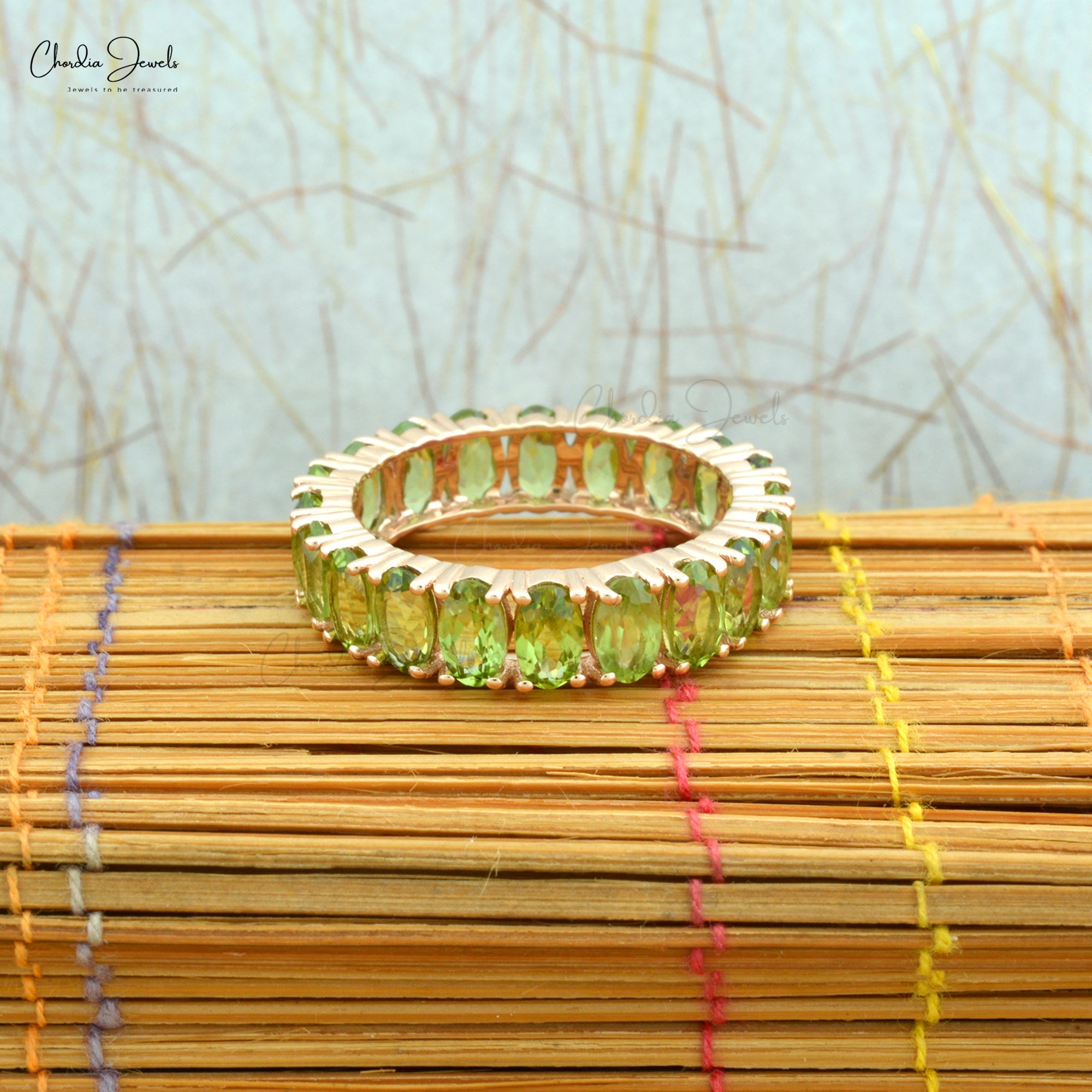 Stacking Engagement Band In 14k Rose Gold Peridot 5 Ct Oval Cut Full Eternity Ring