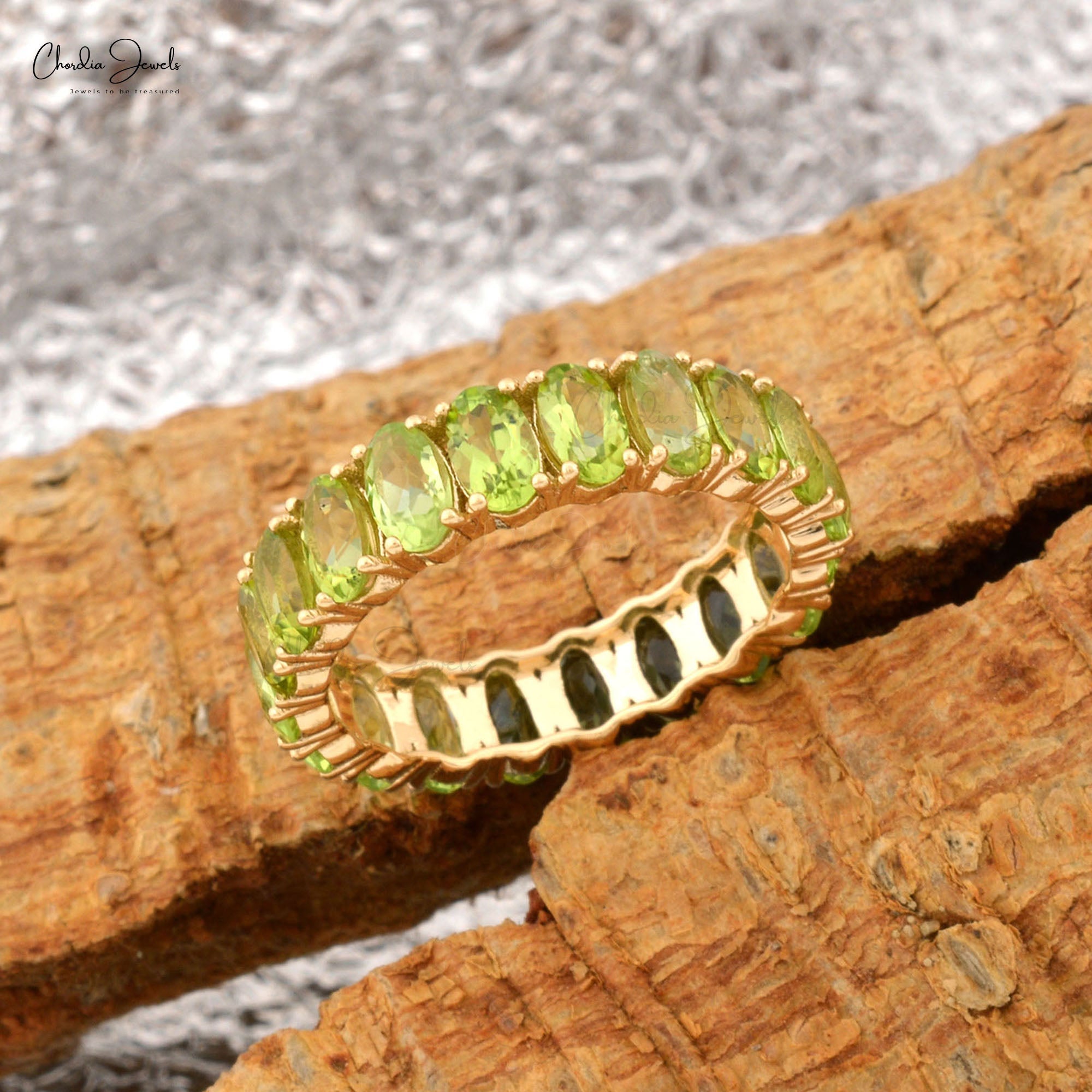 Eternity Gemstone Ring With 5x3mm Peridot Handmade Stack Band In 14k Yellow Gold