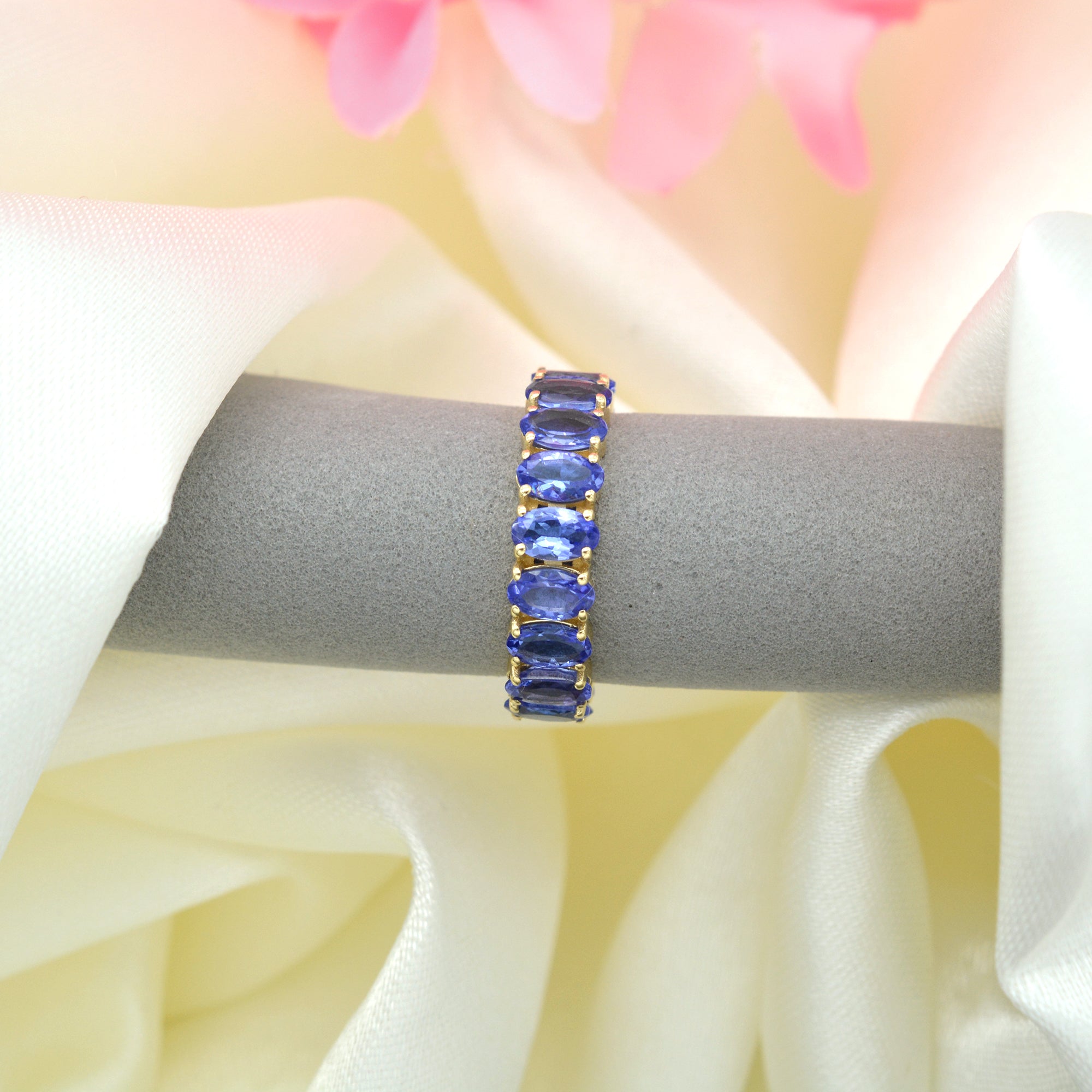 Solid 14k Yellow Gold Eternity Ring Genuine Tanzanite Gemstone Shared Prong Set Promise Ring