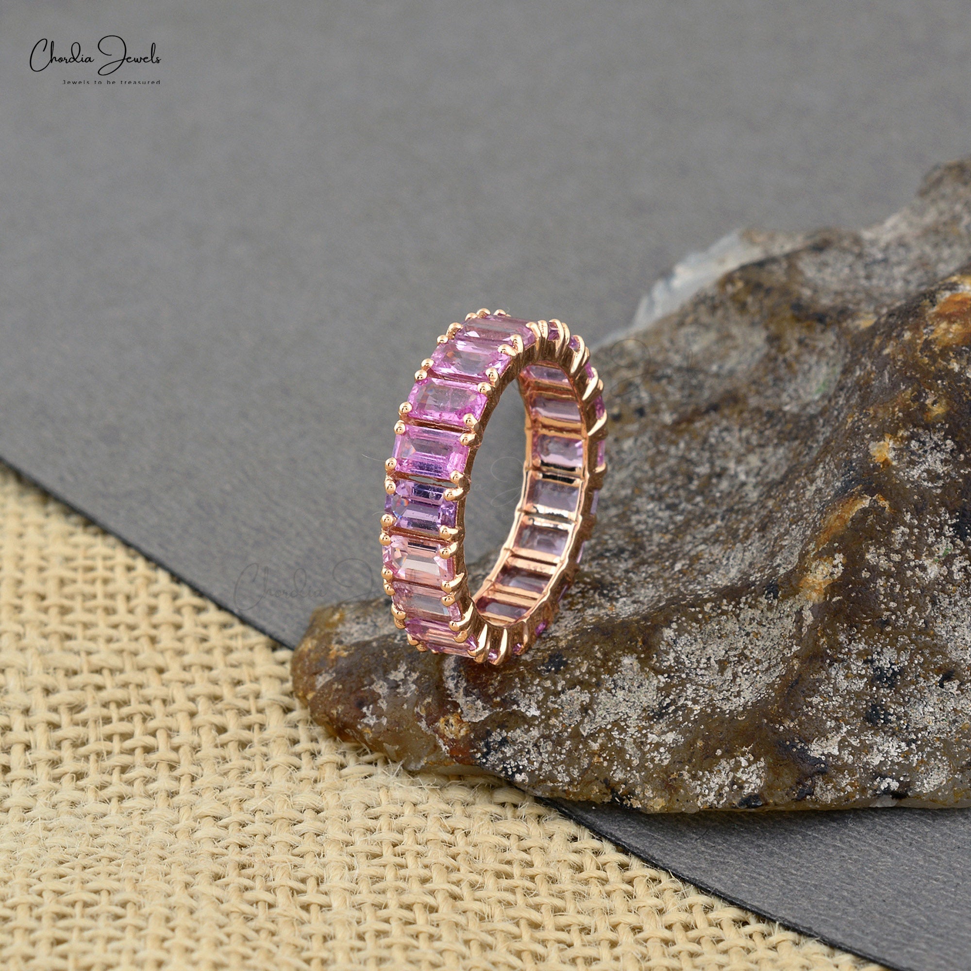 Octagon Stacking Ring With 5x3mm Pink Sapphire 14k Rose Gold Eternity Band Ring