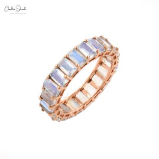 Solid 14k Rose Gold Eternity Band In 5x3mm Rainbow Moonstone Wedding Rings For Her