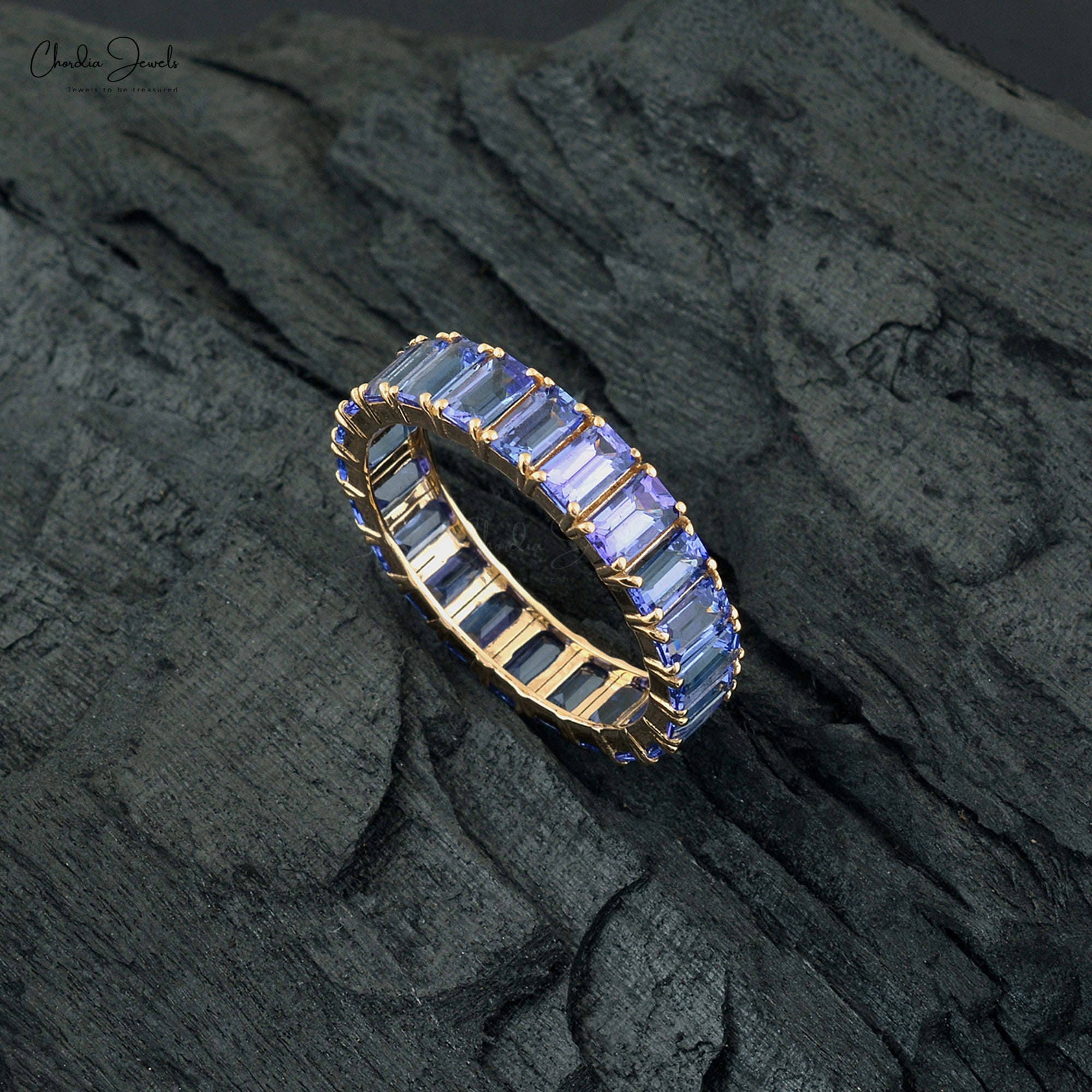 Octagon Eternity Ring In 14k Yellow Gold Tanzanite 5x3mm IGI Certified Handmade Band Ring