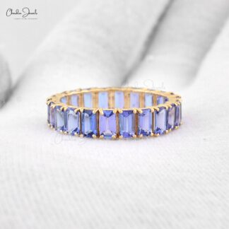 Solid 14k Gold Eternity Band Genuine Tanzanite Gemstone Prong Set Ring For Anniversary Gift