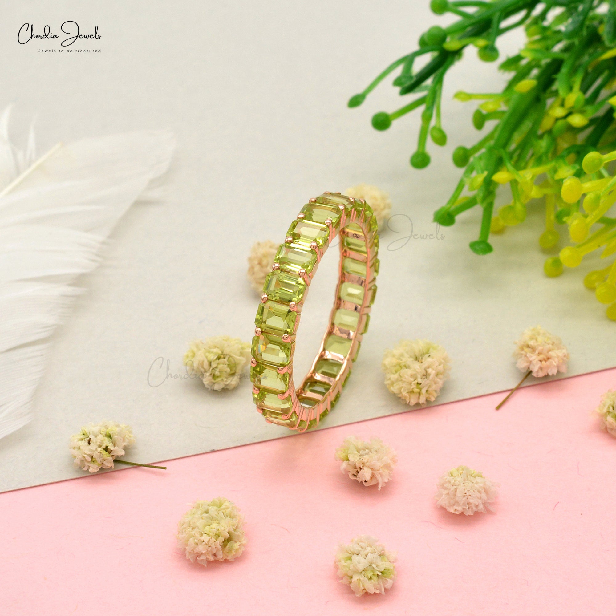 Octagon Full Eternity Band In 14k Rose Gold Peridot 4x3mm Gemstone Minimalist Ring