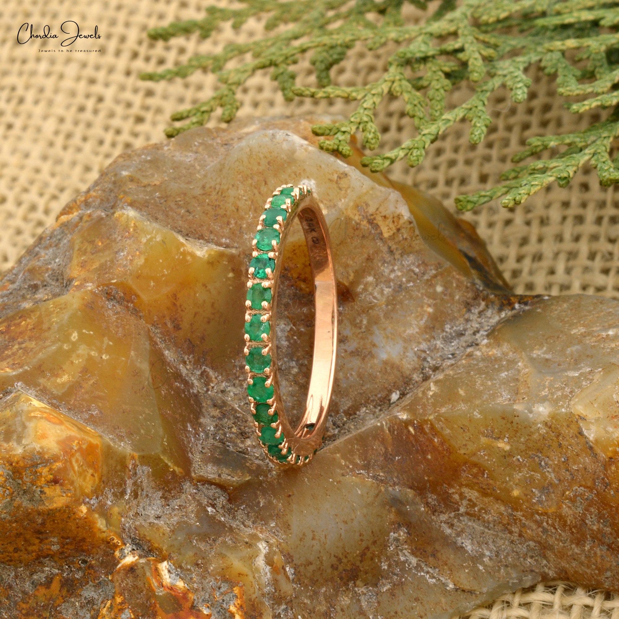 Dainty Half Eternity Wedding Band With 2mm Emerald Accent in 14k Rose Gold Ring
