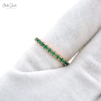 Dainty Half Eternity Wedding Band With 2mm Emerald Accent in 14k Rose Gold Ring