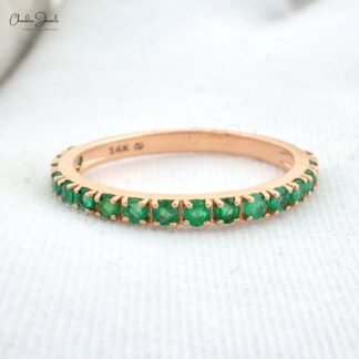 Dainty Half Eternity Wedding Band With 2mm Emerald Accent in 14k Rose Gold Ring