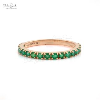Dainty Half Eternity Wedding Band With 2mm Emerald Accent in 14k Rose Gold Ring
