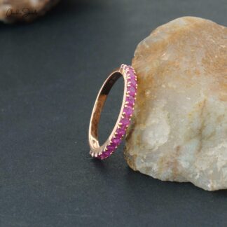 Natural Ruby Dainty Half Eternity Band With 14k Rose Gold Gemstone Fine Jewelry