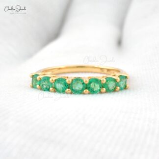 Natural Emerald 7 Stone Half Eternity Band Ring in 14k Yellow Gold