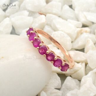 Seven Stone Ring with Genuine Ruby 14k Rose Gold Handcrafted Half Eternity Ring