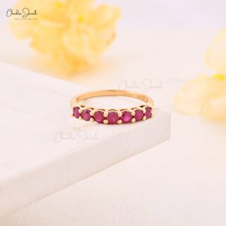 Dainty Half Eternity 0.70 Burma Ruby 7 Stone Wedding Ring In 14k Solid Yellow Gold