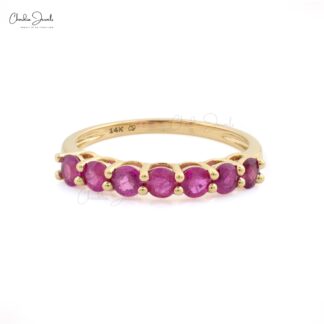 Dainty Half Eternity 0.70 Burma Ruby 7 Stone Wedding Ring In 14k Solid Yellow Gold