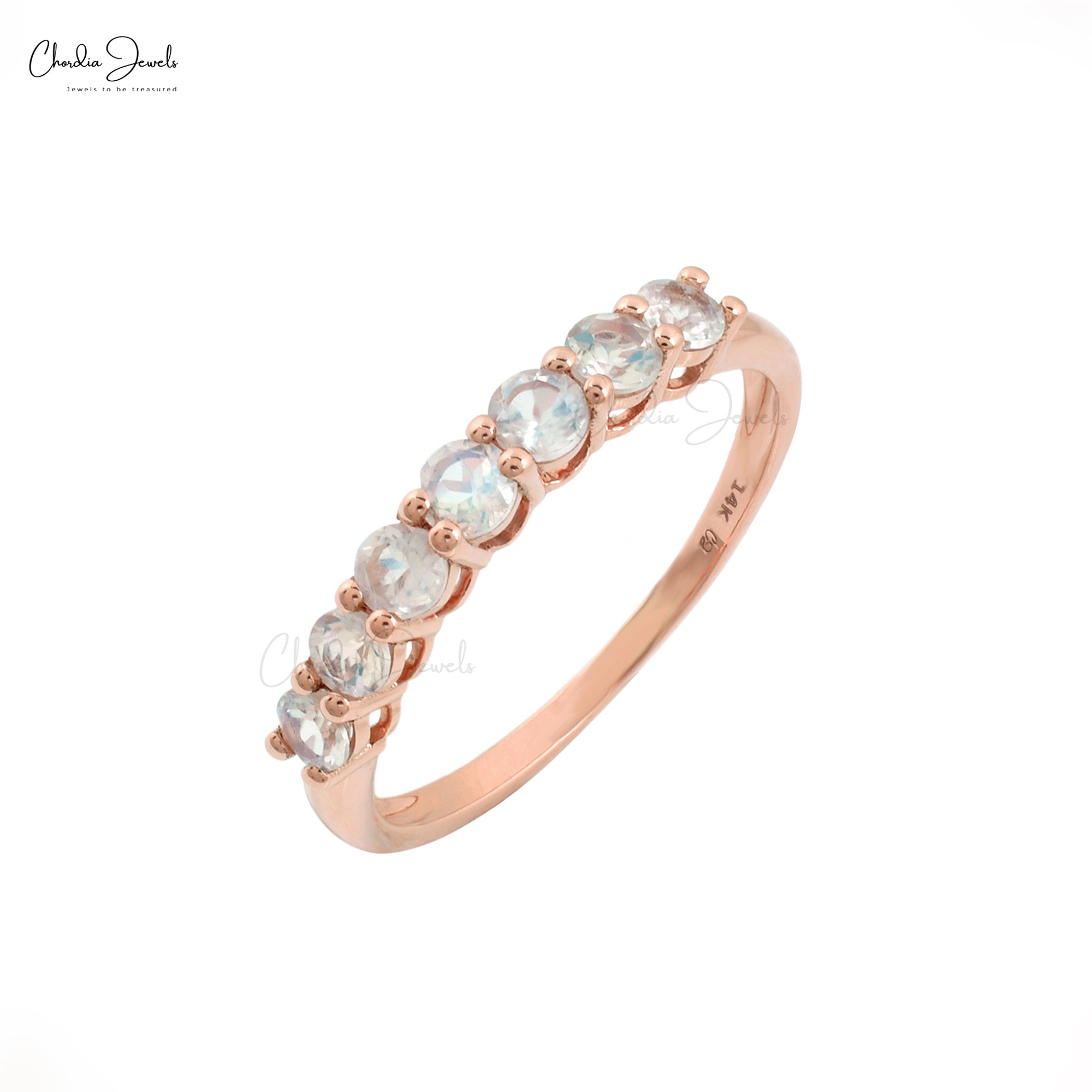 14k Solid Rose Gold Natural Rainbow Moonstone Eternity Band Ring for Anniversary Gift