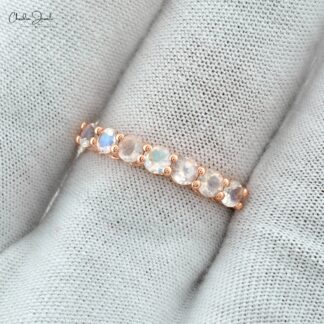 14k Solid Rose Gold Natural Rainbow Moonstone Eternity Band Ring for Anniversary Gift