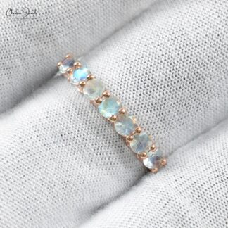 14k Solid Rose Gold Natural Rainbow Moonstone Eternity Band Ring for Anniversary Gift