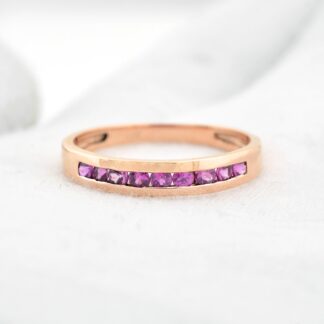 Solid 14k Gold Stacking Band With 0.32Ct Pink Sapphire Halfway Rings For Her