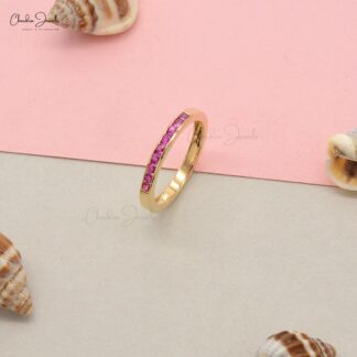 Dainty Half Eternity Band In Real 14k Yellow Gold Burma Ruby 0.27 Ct Gemstone Ring