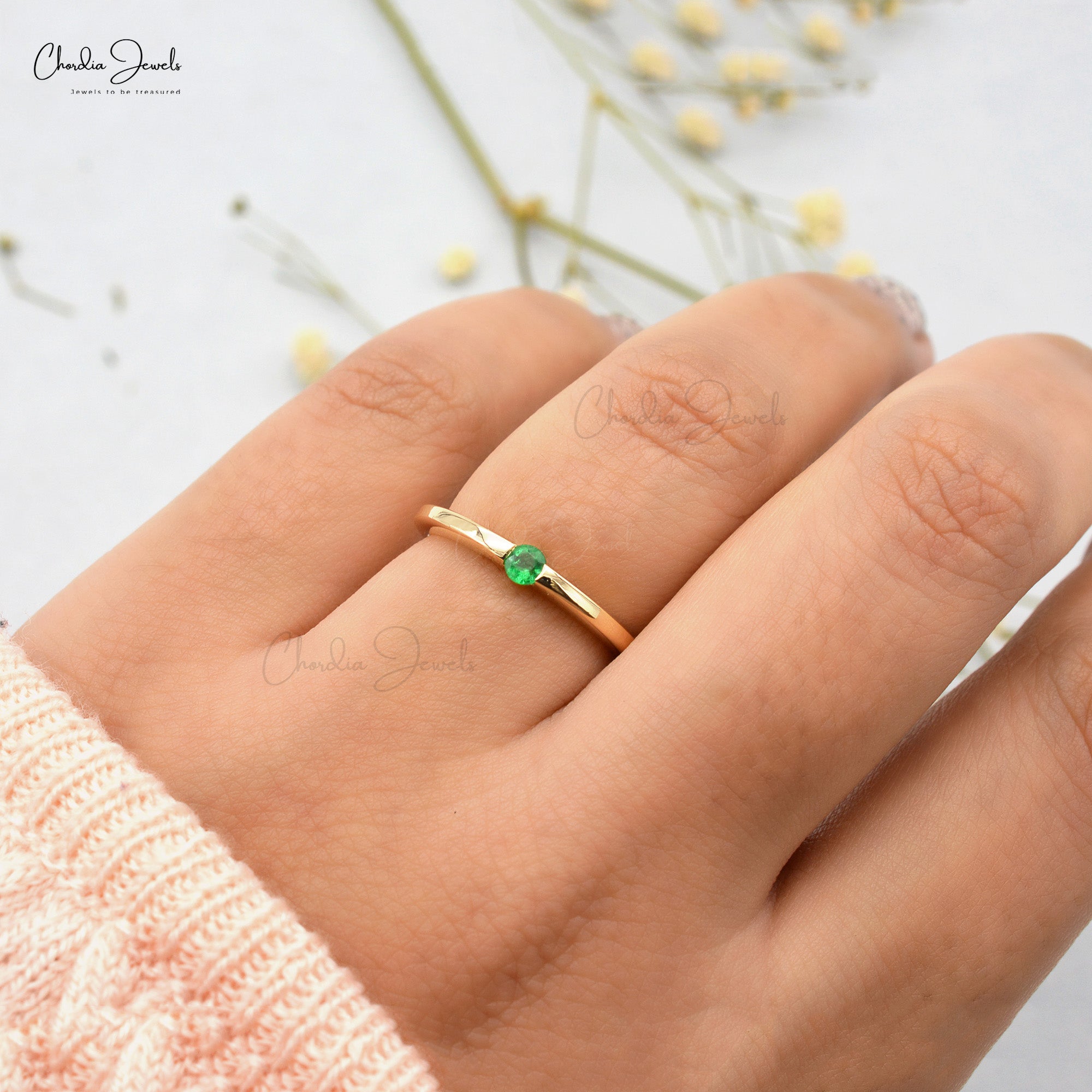 Genuine 3mm Zambian Emerald Solitaire 14k Solid Gold Rings For Women