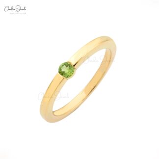 Real 14k Yellow Gold Single Stone Ring With 3mm Round Peridot Solitaire Ring For Mom