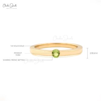Real 14k Yellow Gold Single Stone Ring With 3mm Round Peridot Solitaire Ring For Mom