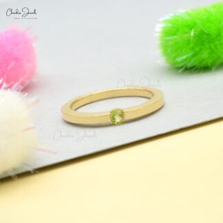 Real 14k Yellow Gold Single Stone Ring With 3mm Round Peridot Solitaire Ring For Mom