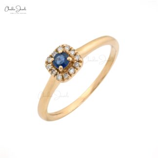AAA Blue Sapphire Halo Diamond Ring In 14k Yellow Gold September Birthstone Jewelry