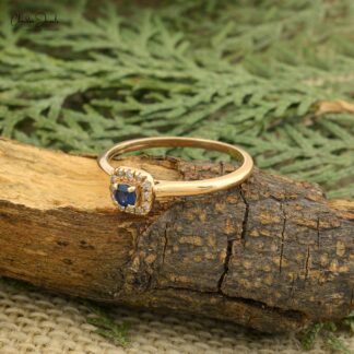 AAA Blue Sapphire Halo Diamond Ring In 14k Yellow Gold September Birthstone Jewelry